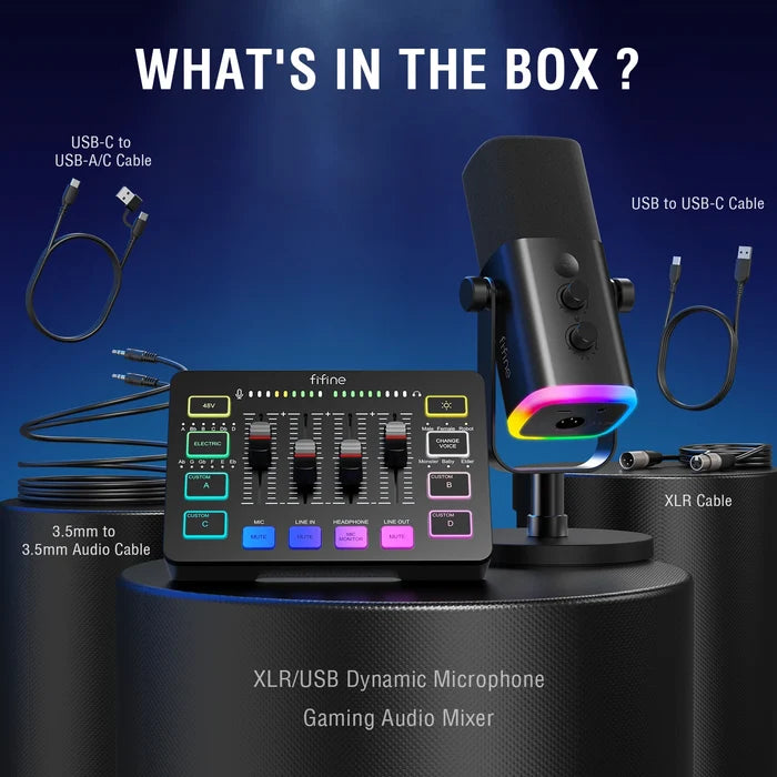 FIFINE All-in-One Podcast Kit with RGB audio mixer for studio recording, featuring microphones, headphones, and mixing controls.