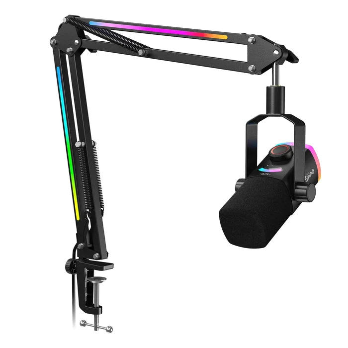 FIFINE AM8PROT gaming microphone kit with adjustable arm, pop filter, and USB connection for streaming and recording.