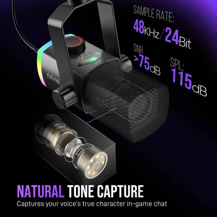 FIFINE AM8PROT gaming microphone kit with adjustable arm, pop filter, and USB connection for streaming and gaming setup.