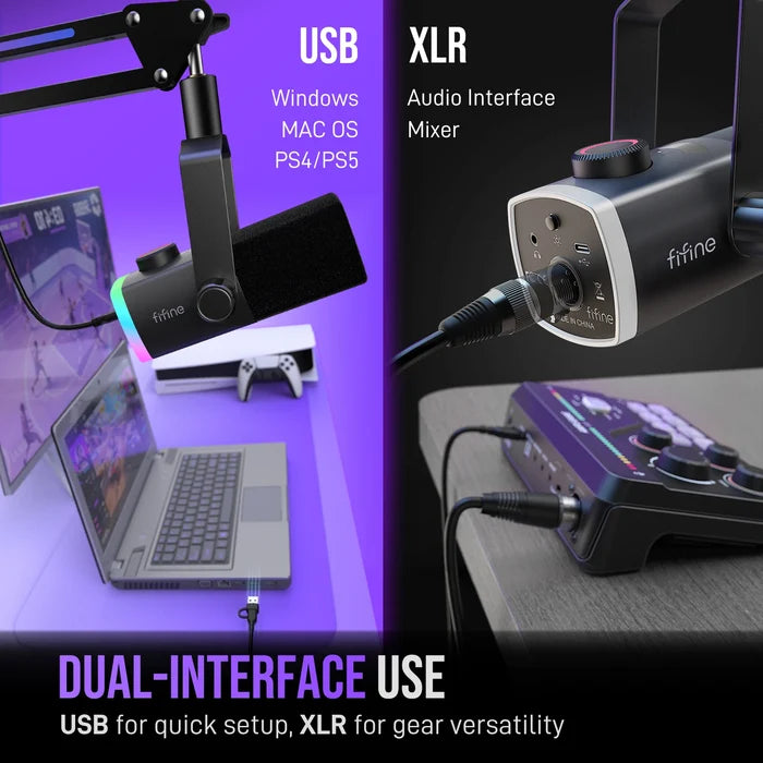 FIFINE AM8PROT gaming microphone kit with adjustable mic arm, pop filter, and USB connection for streaming and gaming setups.