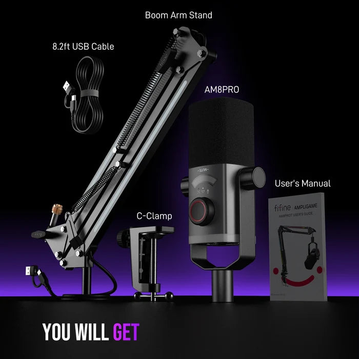 FIFINE AM8PROT gaming microphone kit with professional microphone, adjustable stand, and accessories for streaming and gaming.