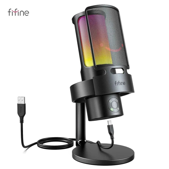 FIFINE Ampligame A8 PLUS USB microphone for streaming and gaming, shown with adjustable stand and USB connection.