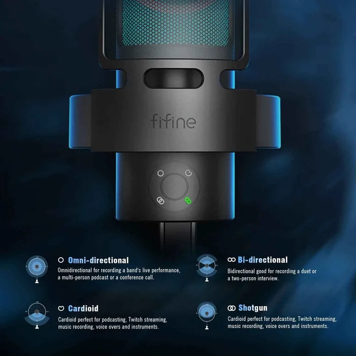 FIFINE Ampligame A8 PLUS USB microphone for streaming and gaming with a sleek black design and adjustable stand.