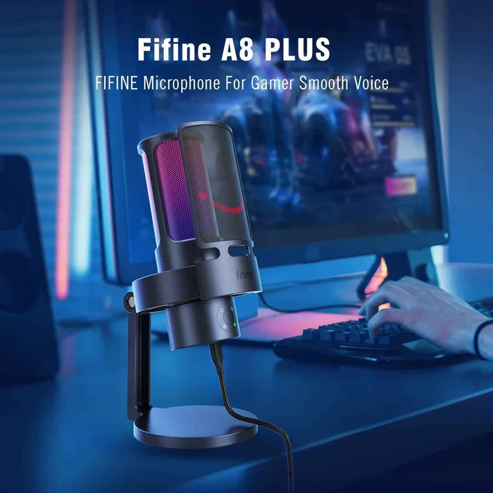 FIFINE Ampligame A8 PLUS USB microphone for streaming and gaming, with a sleek design and adjustable stand.