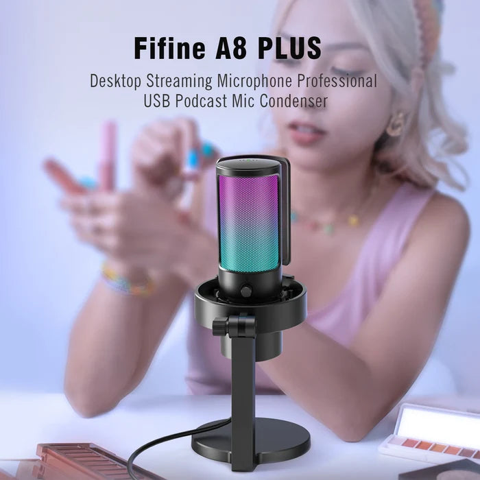 FIFINE Ampligame A8 PLUS USB microphone for streaming and gaming, with adjustable stand and sleek black design.