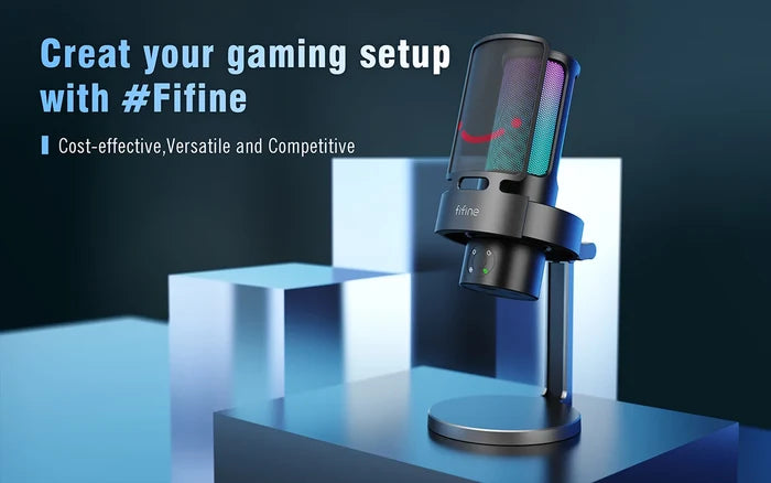FIFINE Ampligame A8 PLUS USB microphone for streaming and gaming, with adjustable stand and sleek black design.