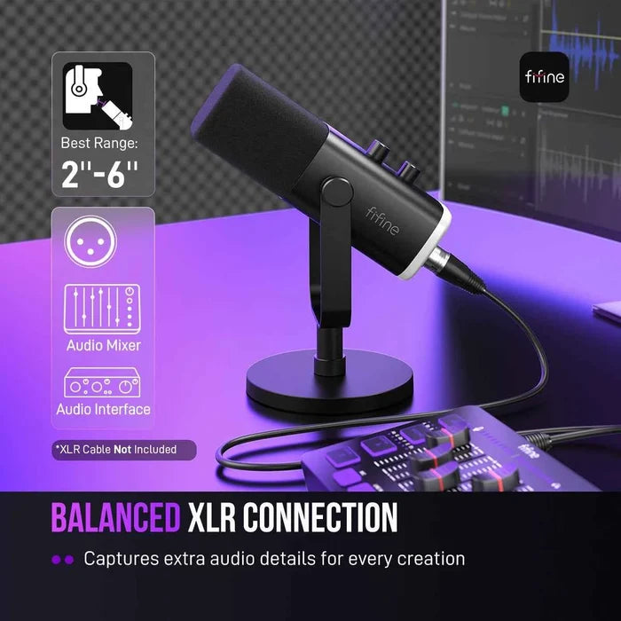 FIFINE dynamic gaming microphone for streaming and recording, with adjustable stand and professional audio capture.