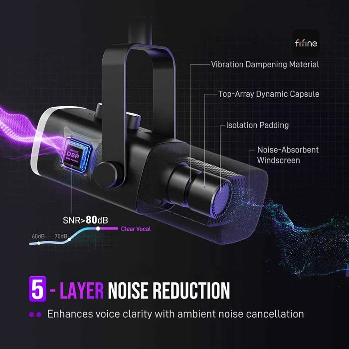 FIFINE dynamic gaming microphone for streaming and recording, with adjustable stand and black finish.