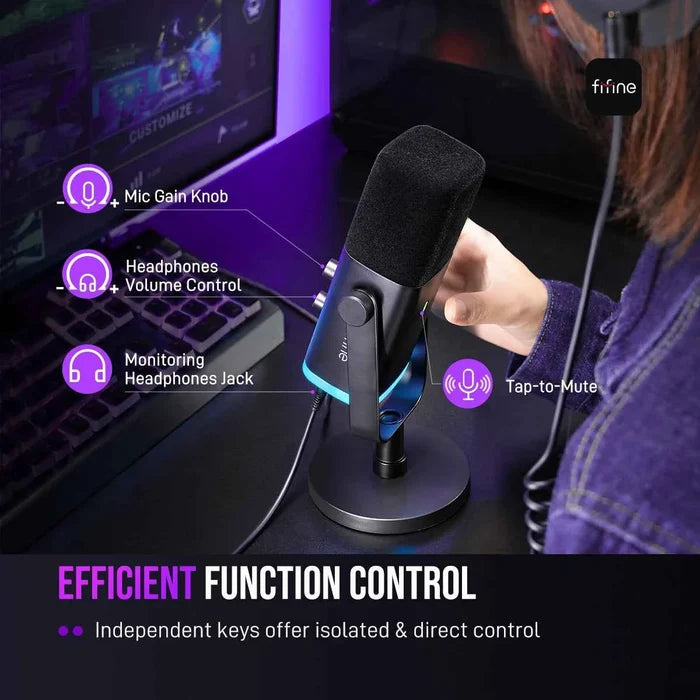FIFINE dynamic gaming microphone for streaming and recording, black with adjustable stand and flexible arm.
