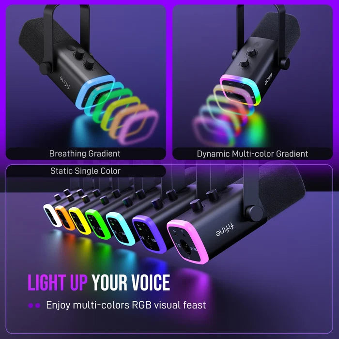 FIFINE dynamic gaming microphone for streaming and recording, black with adjustable stand and built-in microphone capsule.