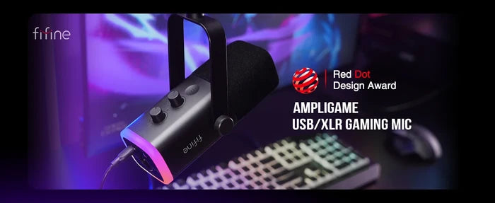 FIFINE dynamic gaming microphone for streaming and recording, with a sleek black design and adjustable stand.
