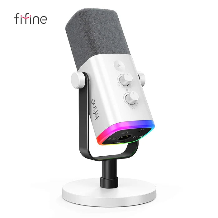 FIFINE dynamic microphone for recording and streaming, featuring a sleek design and adjustable stand for clear audio capture