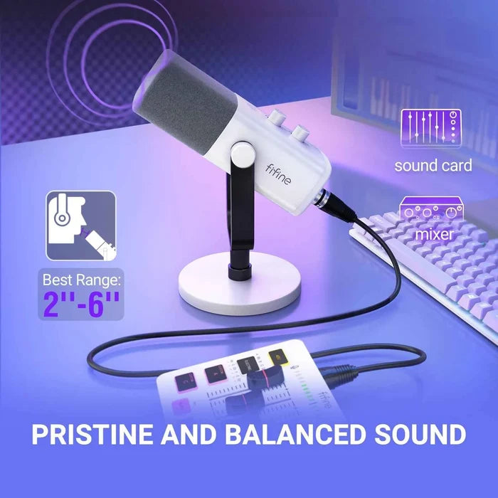 FIFINE dynamic microphone for recording and streaming, with a sleek black design and adjustable stand on a studio setup.