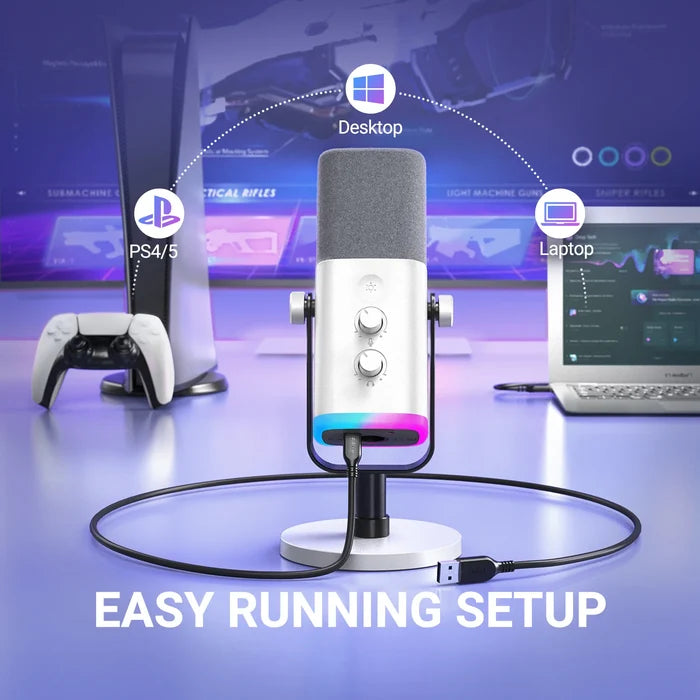 FIFINE dynamic microphone for recording and streaming, featuring professional-grade build and adjustable stand.