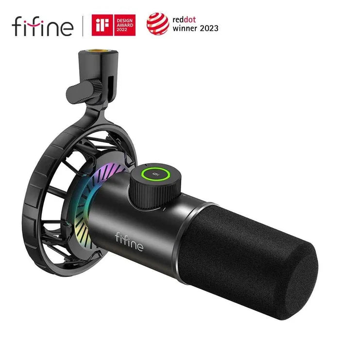 FIFINE gaming dynamic microphone with RGB lights and easy controls, ideal for clear audio in streaming and gaming setups.