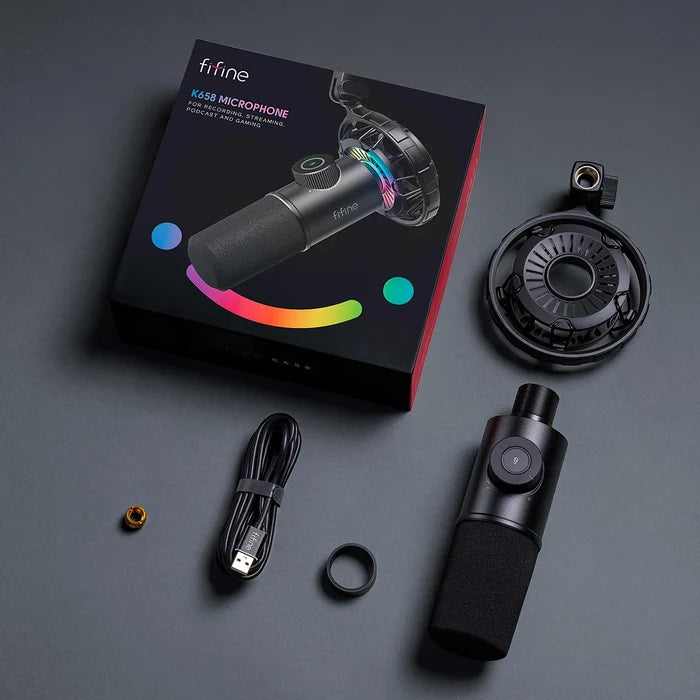 FIFINE gaming dynamic microphone with RGB lighting, adjustable controls, and professional audio quality for gaming and streaming.