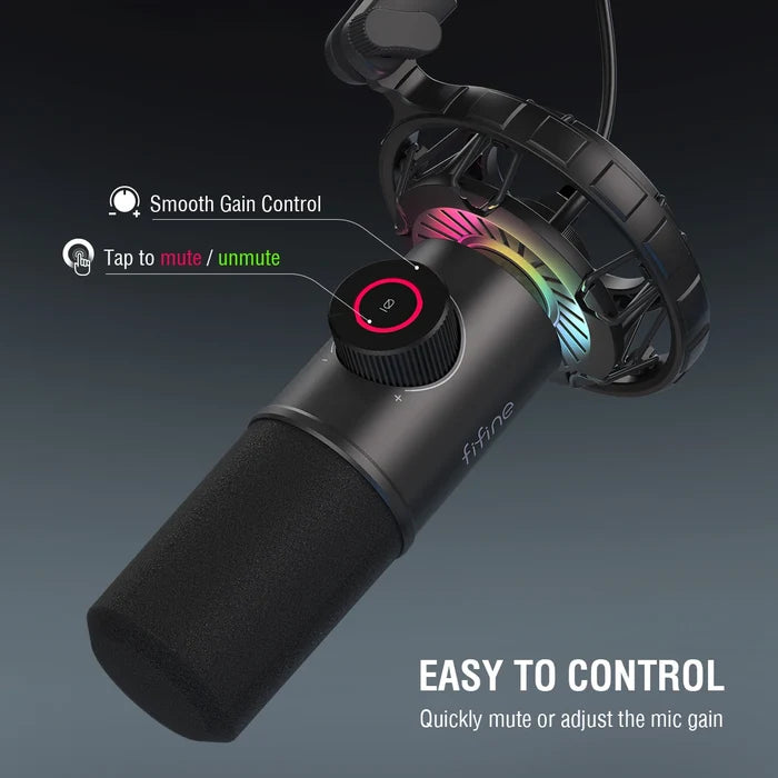 FIFINE gaming microphone with RGB lights and easy controls, black dynamic mic ideal for streaming and gaming setups
