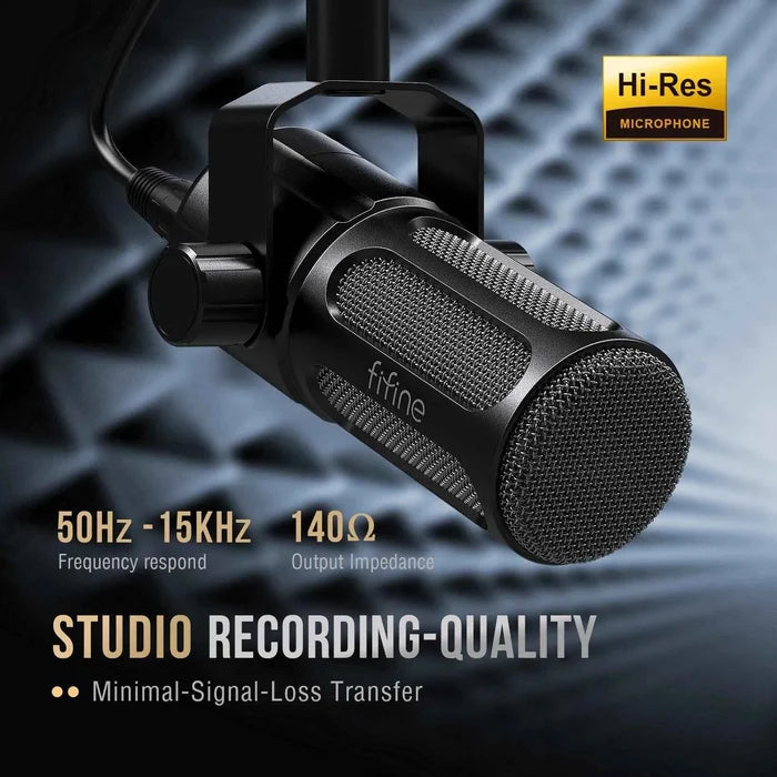 FIFINE dynamic podcast microphone for streaming and recording, featuring a sleek black design and adjustable stand.
