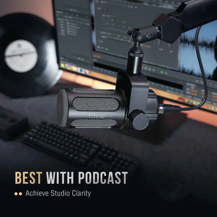 FIFINE dynamic podcast microphone for streaming and recording, shown in black with adjustable stand and cable.