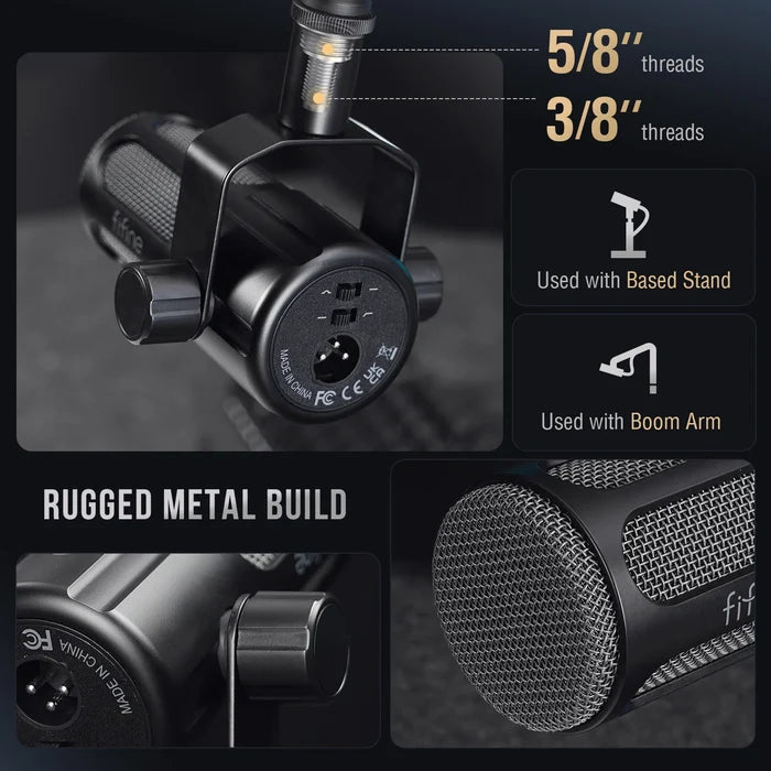 FIFINE dynamic podcast microphone for streaming and recording, shown with its sleek design and professional build.