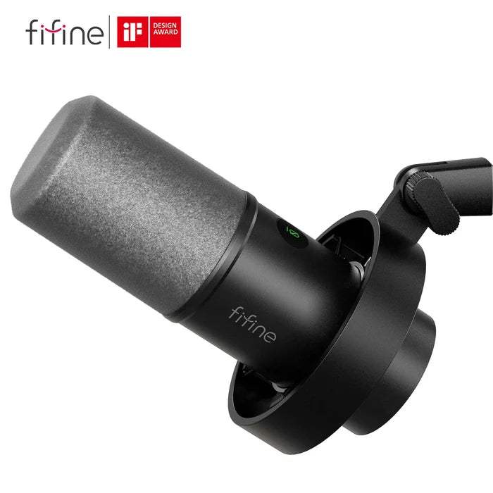 FIFINE Dynamic USB Microphone for clear vocal recording, featuring a sleek black design and adjustable stand for desktop use