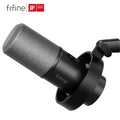 FIFINE Dynamic USB Microphone for clear vocal recording, featuring a sleek black design and adjustable stand for desktop use