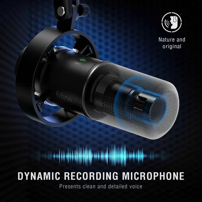 FIFINE Dynamic USB Microphone on a desk, ideal for recording and streaming, with a sleek black design and adjustable stand