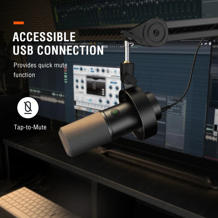 FIFINE Dynamic USB Microphone on a stand, ideal for recording and streaming, with a sleek black design.