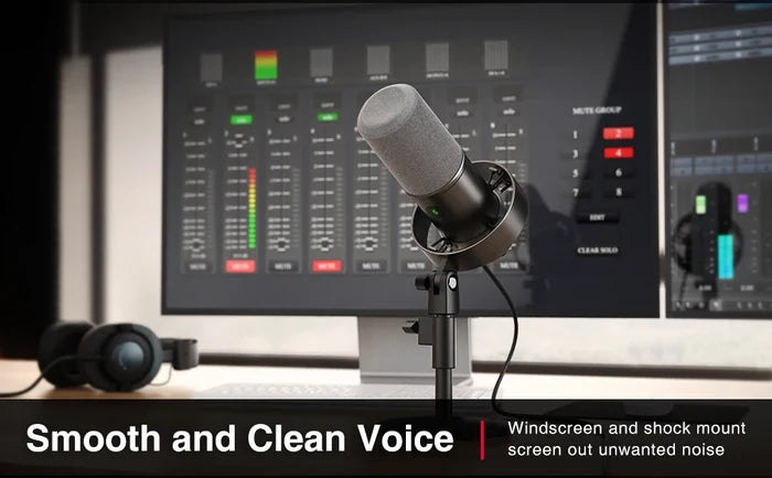 FIFINE Dynamic USB Microphone on a stand, ideal for recording and streaming, with a sleek black design and adjustable arm.