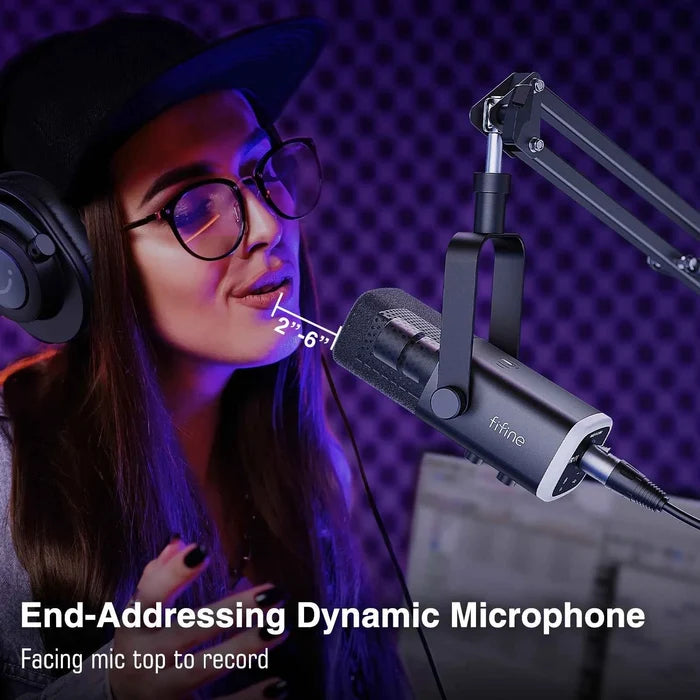 FIFINE Dynamic XLR microphone kit with microphone, stand, and cables for professional audio recording and streaming.
