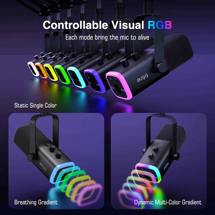 FIFINE Dynamic XLR microphone kit with microphone, stand, and accessories for professional audio recording and streaming.