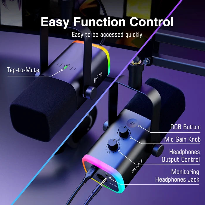 FIFINE Dynamic XLR Microphone Kit with microphone, stand, and cables for professional audio recording and streaming.