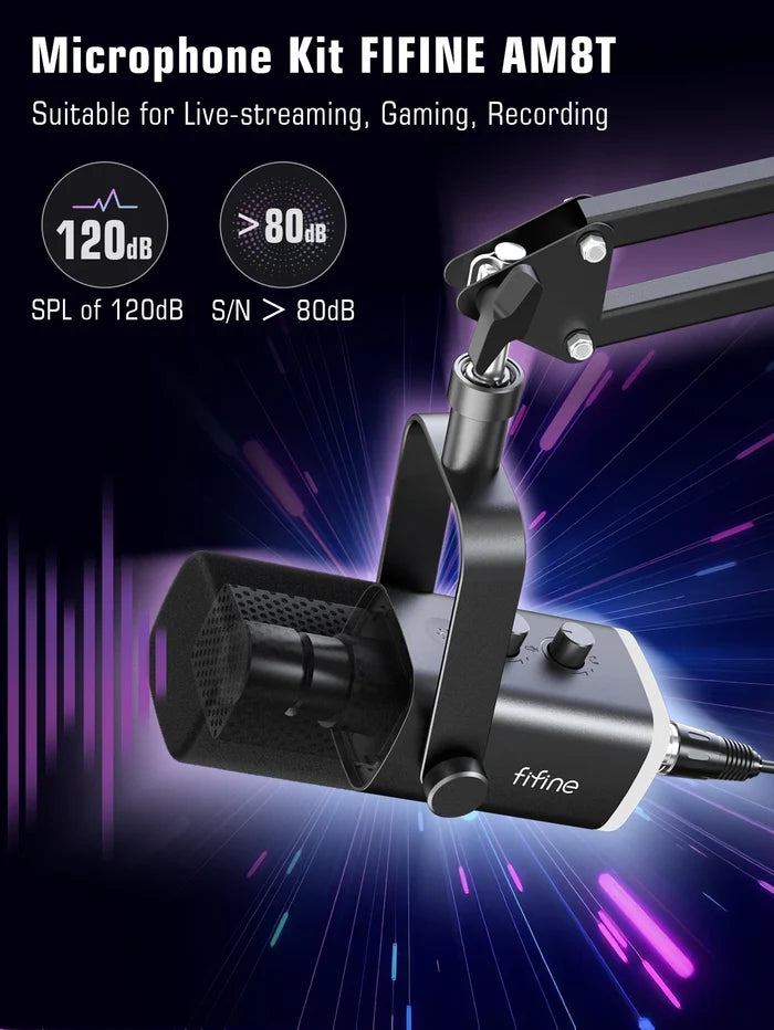 FIFINE Dynamic XLR Microphone Kit with microphone and accessories for professional audio recording and streaming.