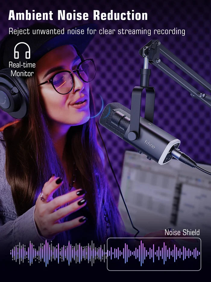 FIFINE Dynamic XLR microphone kit with microphone, cable, and accessories for professional audio recording and streaming.