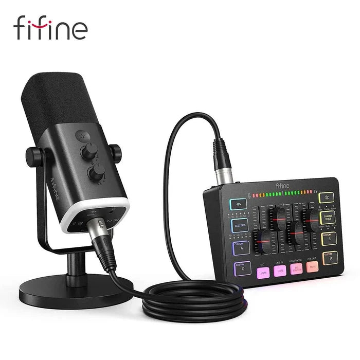 Studio recording setup with FIFINE Gaming Audio Set, including microphone and headphones, ideal for streaming and podcasting.
