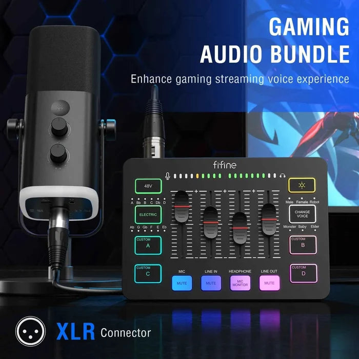 FIFINE Gaming Audio Set for streaming and podcasting, studio recording equipment with microphone and headphones in a professional setup.