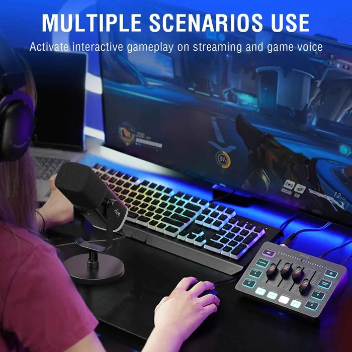 FIFINE Gaming Audio Set for streaming and podcasting, includes studio recording microphone and headphones, black and silver design