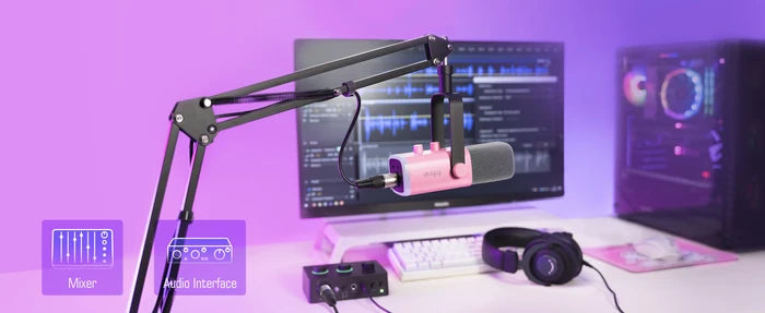 FIFINE gaming dynamic microphone kit with adjustable stand and pop filter for clear, high-quality audio recording and streaming.