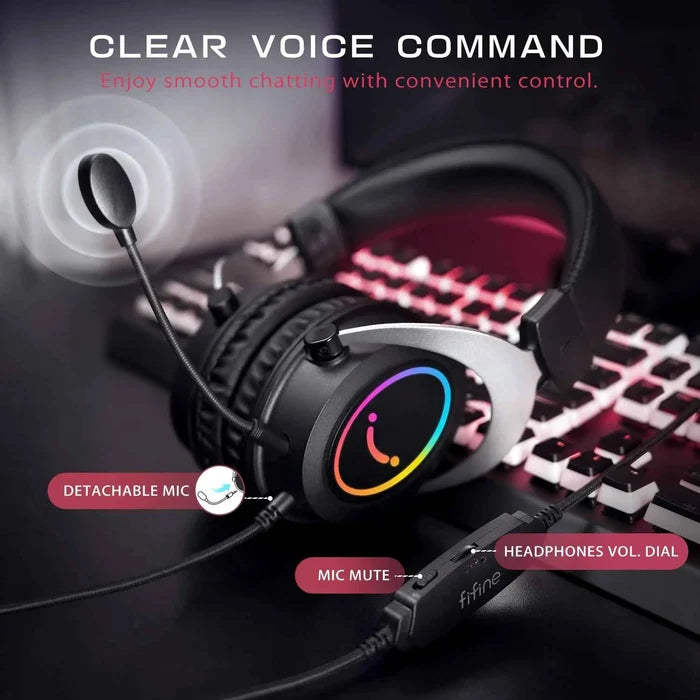 FIFINE gaming headset with immersive stereo sound, stylish RGB lighting, over-ear design, and adjustable headband.