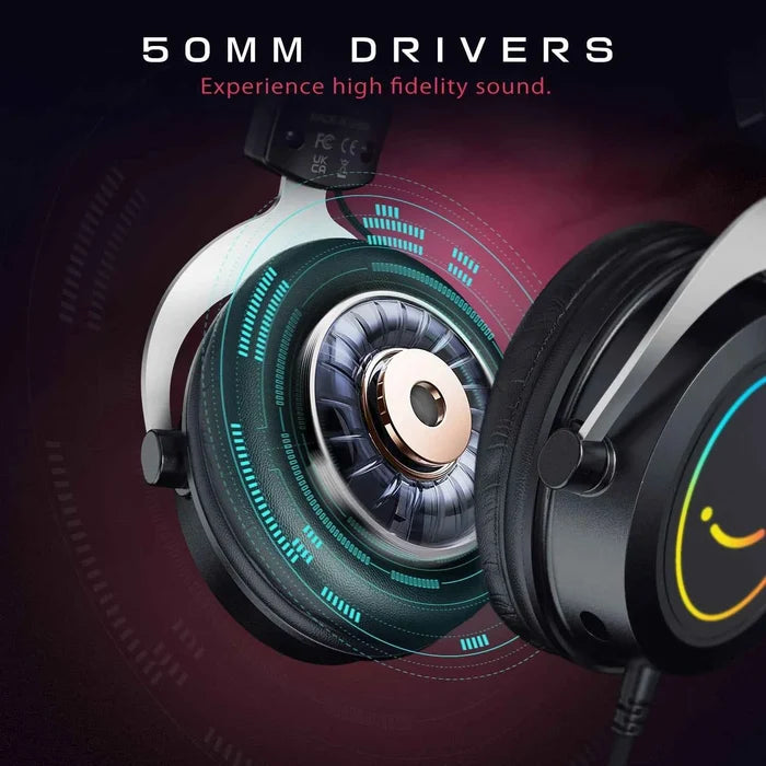FIFINE gaming headset with stereo sound, adjustable headband, and RGB lighting for immersive gaming experience.