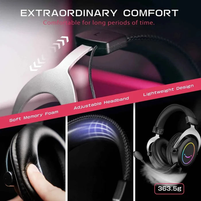 FIFINE gaming headset with immersive stereo sound, stylish RGB lighting, over-ear design, adjustable headband, and built-in microphone.