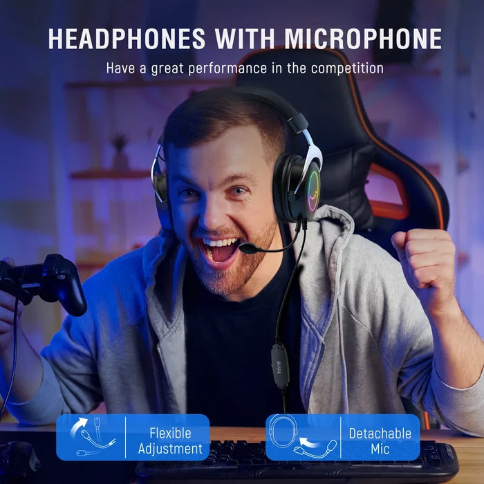FIFINE gaming headset with immersive stereo sound, stylish RGB lighting, over-ear design, and adjustable microphone for gaming comfort.