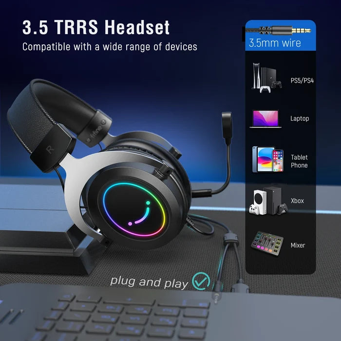 FIFINE gaming headset with immersive stereo sound and stylish RGB lighting, featuring over-ear design and adjustable headband.