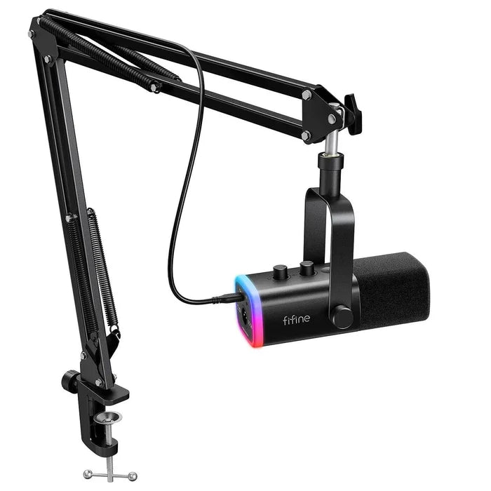 FIFINE gaming microphone kit for streaming and gaming, featuring a microphone and accessories on a black stand.