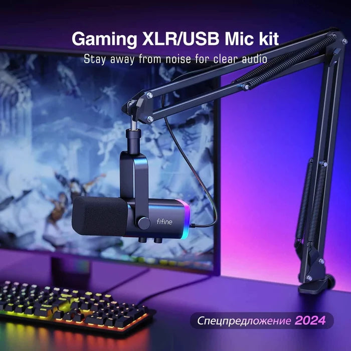 FIFINE gaming microphone kit for streaming and gaming, featuring a microphone with adjustable stand and accessories for clear audio.