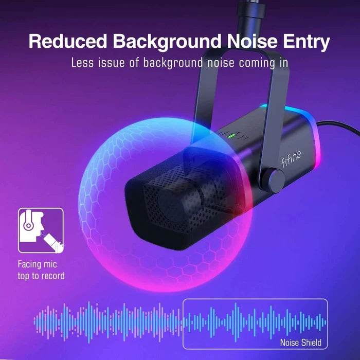 FIFINE gaming microphone kit with adjustable stand and pop filter, ideal for streaming and gaming setups.