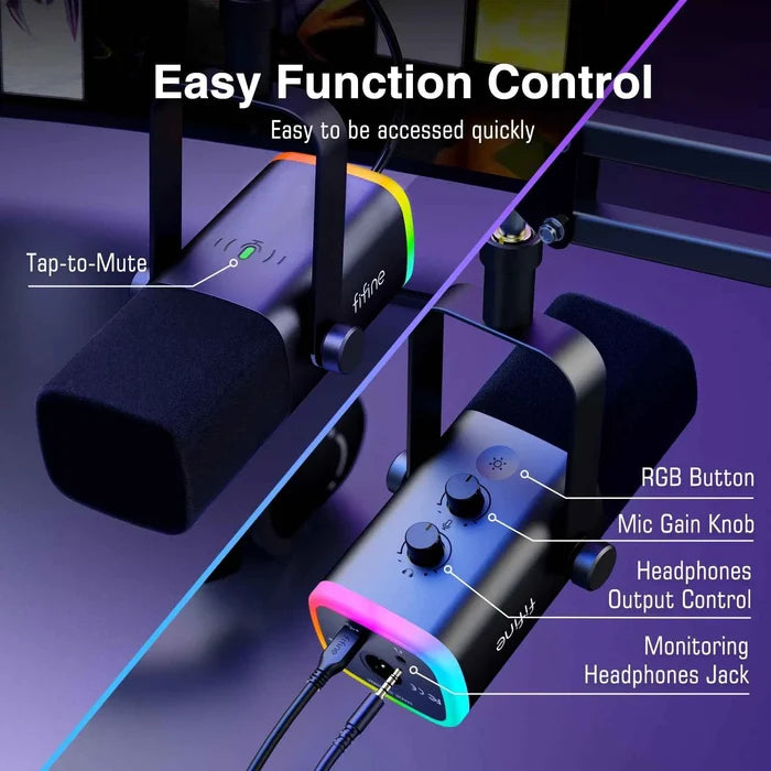 FIFINE gaming microphone kit on a desk with microphone and accessories, ideal for streaming and gaming setups.