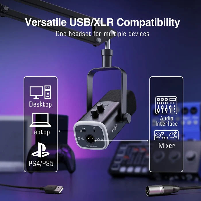 FIFINE gaming microphone kit with adjustable stand, black microphone, and accessories for streaming and gaming setups.