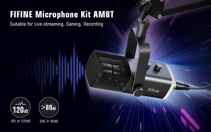FIFINE gaming microphone kit for streaming and gaming, featuring a microphone on a stand with adjustable arm and included accessories