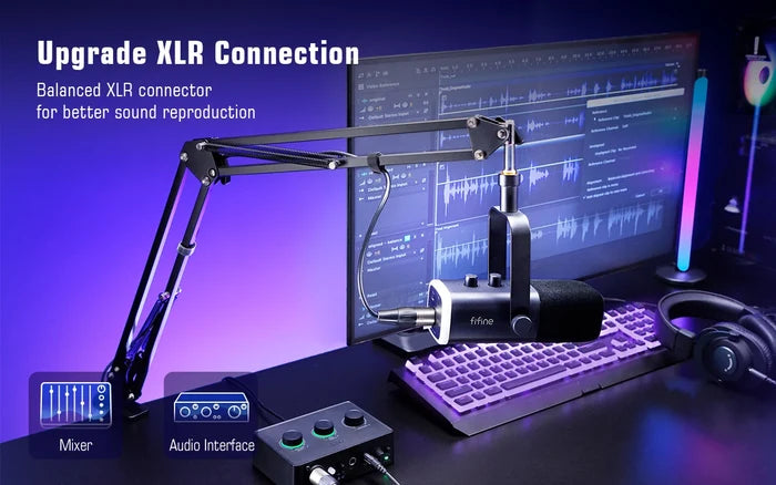 FIFINE gaming microphone kit for streaming and gaming, featuring a professional microphone with adjustable stand and accessories.